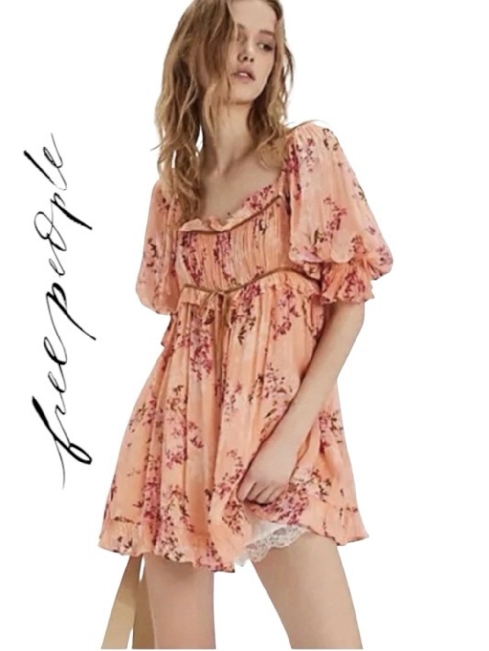 Free People Marney Floral Mini Dress In Peach Combo Size Large NWT